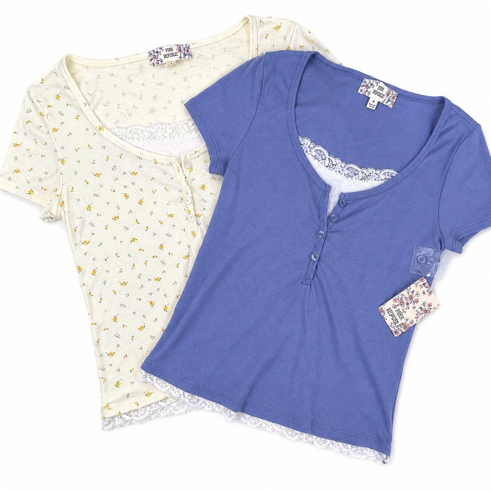 Pink Republic Tops Women M 2pc Blue Cream Lace Henley Floral NWT Bundle